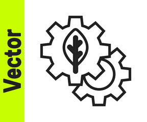 Black line Leaf plant ecology in gear machine icon isolated on white background. Eco friendly technology. World Environment day label. Vector.