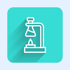 White line Glass test tube flask on fire heater experiment icon isolated with long shadow. Laboratory equipment. Green square button. Vector.