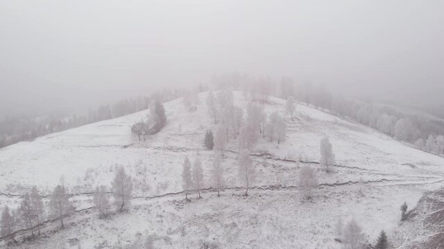 Aerial view of wintertime scene in the Transylvanian village, Pestera, with white frost, fresh snow, blizzard, and fog, at the foot of the Carpathian Mountains