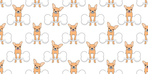 Dog seamless pattern, Chihuahua and big dog bone toy on white background.