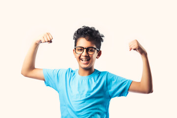 Successful little Indian asian cute boy with glasses against white background
