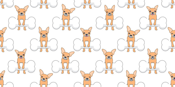 Dog seamless pattern, Chihuahua and big dog bone toy on white background.