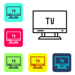 Black line Smart Tv icon isolated on white background. Television sign. Set icons in color square buttons. Vector.