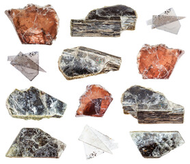 collection of various Muscovite (Common Mica) natural minerals isolated on white background