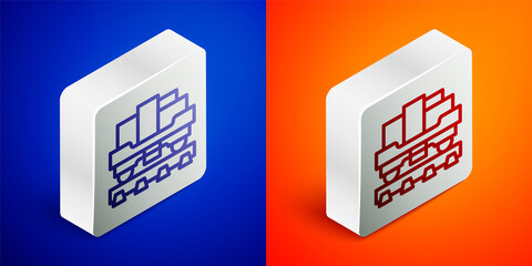 Isometric line Cargo train wagon icon isolated on blue and orange background. Full freight car. Railroad transportation. Silver square button. Vector.