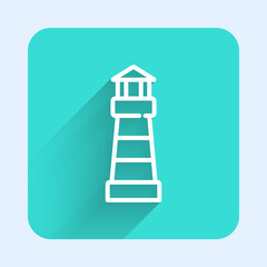 White line Lighthouse icon isolated with long shadow. Green square button. Vector.