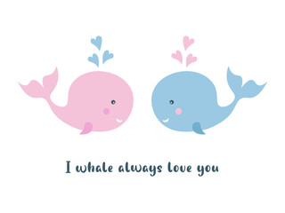 Fototapeta na wymiar Kids cartoon illustration of a cute baby whale. Valentine's day. Baby valentine. Baby shower. Big love.