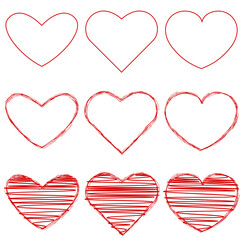 Set of red hearts sketch. The symbol of the heart vector on white background isolated.
