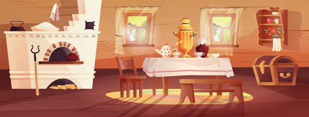 Empty interior of the Russian hut. Ancient Russian kitchen with stove, pots, bench, rug, broom, grip, window with curtain, carpet, samovar, tablecloth. Vector cartoon illustration.