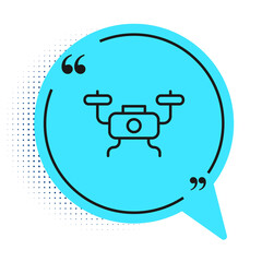 Black line Drone flying icon isolated on white background. Quadrocopter with video and photo camera symbol. Blue speech bubble symbol. Vector.
