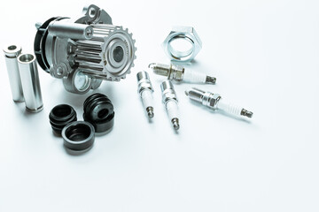 Car engine parts. Auto motor mechanic spare or automotive piece on white background. Set of new metal car part. Automobile engine service.
