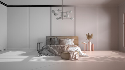 Architect interior designer concept: hand drawing a design interior project while the space becomes real, classic background with copy space: empty bedroom, bed. Home and hotel design