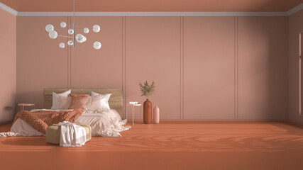Classic orange background with copy space: empty bedroom, double bed with blanket, linens and pillows, pouf and decors. Glass modern chandelier. Home and hotel interior design concept