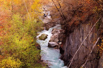 Enguri river in the fabulous autumn of Svaneti