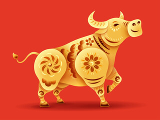 Oriental paper graphic cut art of golden ox symbol with floral pattern on red background . Isolated.