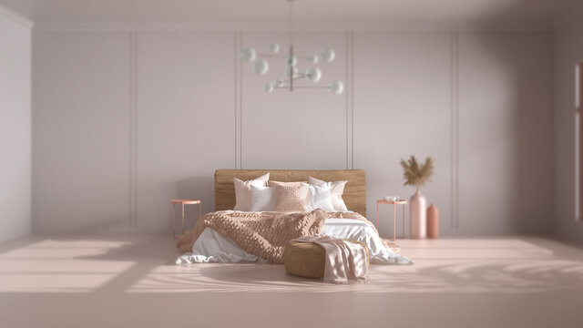 Interior design depth of field, classic background with copy space: empty bedroom, double bed with blanket, linens, pillows, pouf, decor and chandelier. Home and hotel suite concept