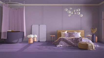 Classic violet background with copy space: empty bedroom and bathroom with bathtub, bed with blanket, linens and pillows, pouf and decors. Home and hotel interior design concept