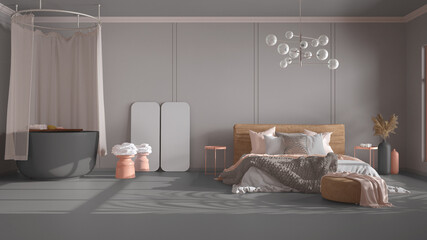 Classic gray background with copy space: empty bedroom and bathroom with bathtub, double bed with blanket, linens and pillows, pouf and decors. Home and hotel interior design concept