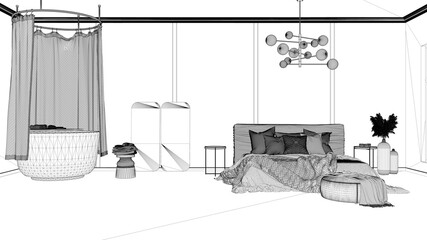 Fototapeta premium Blueprint project draft, classic background with copy space: empty bedroom and bathroom with bathtub, double bed with blanket, linens, pillows. Home and hotel interior design concept