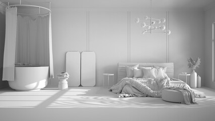 Total white project, classic background with copy space: empty bedroom and bathroom with bathtub, double bed with blanket, linens, pillows. Home and hotel interior design concept idea