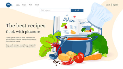 Website design, Recipe book, Pan with soup, Vegetables . Recipes, homemade food, food preparation, learning concept. Vector illustration for poster, banner, website development.