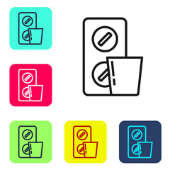 Black line Pills in blister pack icon isolated on white background. Medical drug package for tablet, vitamin, antibiotic, aspirin. Set icons in color square buttons. Vector.