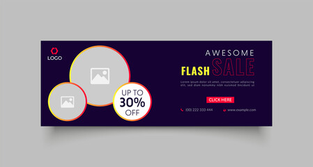 Flash sale facebook cover page timeline web ad banner template with photo place modern layout dark blue background and yellow red shape and text design