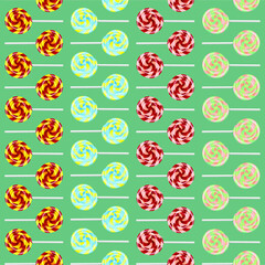 seamless vector lollipop pattern. Symmetrically placed repeating lollipops on a light green background. Funny candy.
