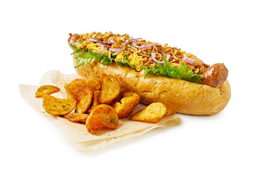 Hot dog and fried potatoes on white