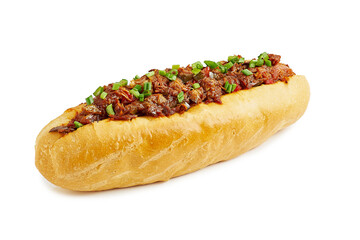 Juicy pulled pork hot dog on white