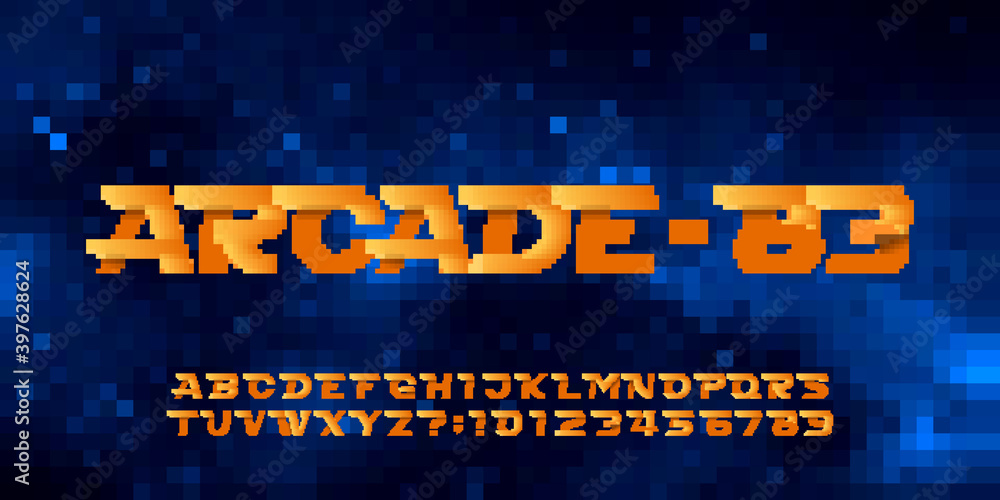Fototapete arcade-83 alphabet font. pixel letters, numbers and symbols. space pixel background. 80s arcade vide
