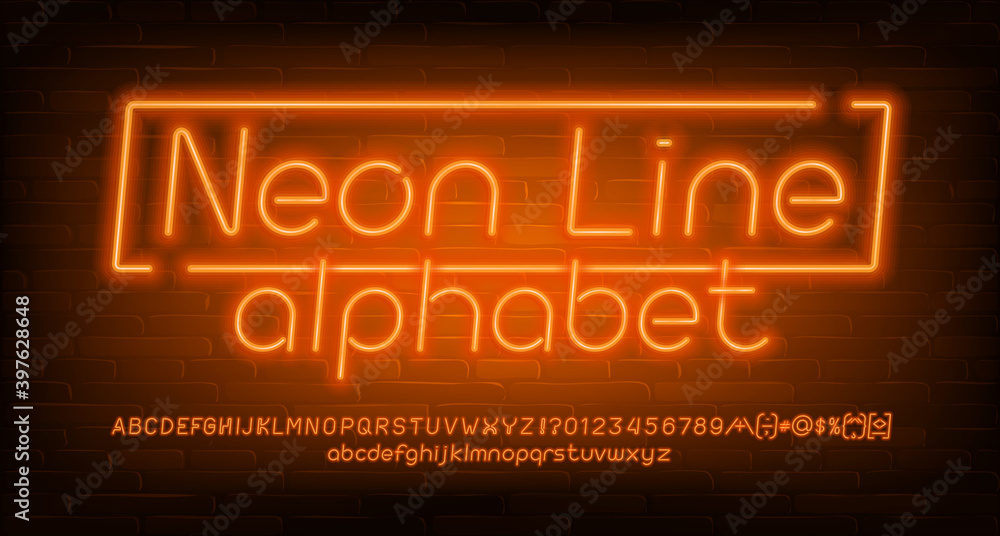 Fototapete neon line alphabet font. orange neon light letters, numbers and symbols. brick wall background. stoc