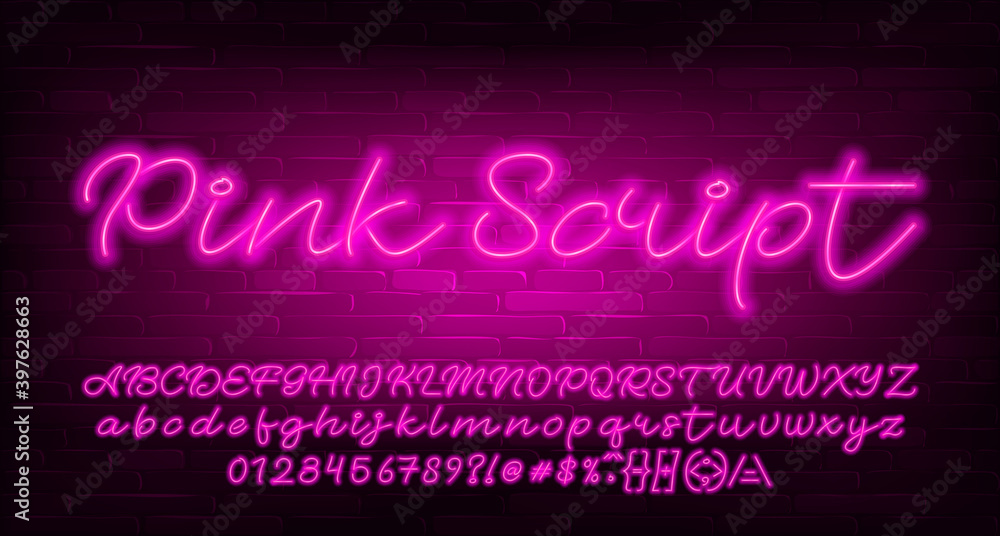 Fototapete pink script alphabet font. pink neon light letters, numbers and symbols. brick wall background. stoc