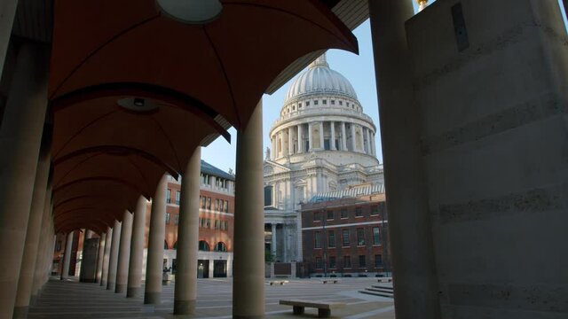 Lockdown in London, beautiful St Pauls Cathedral revealed through stunning columns from completely empty Paternoster Square, during the COVID-19 pandemic 2020.