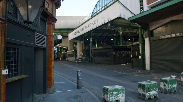 Lockdown in London, completely empty streets infront of Borough Market entrance, during the coronavirus pandemic 2020.