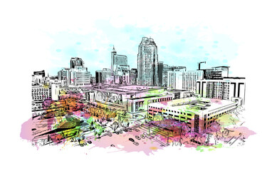Building view with landmark of Raleigh is the capital city of North Carolina. Watercolour splash with hand drawn sketch illustration in vector.
