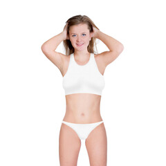 Beautiful young woman wearing a white bikini, isolated in front of white studio background