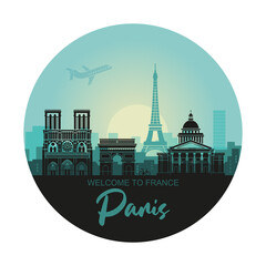 Stylized round landscape of Paris with Eiffel tower, arc de Triomphe and Notre Dame Cathedral - obrazy, fototapety, plakaty