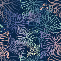 Abstract seamless vector pattern illustration design of lined butterfly in pastel colors on dark blue