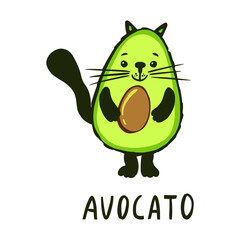 kawaii cartoon avocado cat. Cute food illustration. Funny poster or t-shirt template design with cartoon avocado and lettering text Avocato. Vector illustration