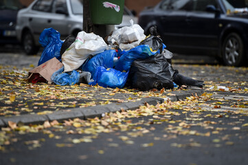 Piles of household waste are abandoned on the streets of Bucharest