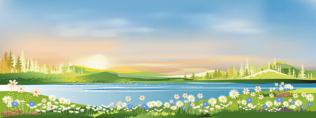 Fototapeta na wymiar Spring landscape morning in village with green meadow on hills,orang and blue sky, Vector cartoon Summer or Spring panorama view by the lake,Countryside with river,green field,wild flowers and sunset