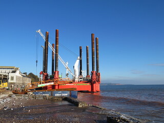 DAWLISH, DEVON, UK - Wavewalker 1 platform at Dawlish to upgrade the existing sea wall