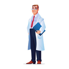 Elderly doctor in glasses, folder for stories of patients in hands isolated. Vector physician in white gown, strict clothes with tie, shirt and trousers. Practitioner or pediatrician, therapist man