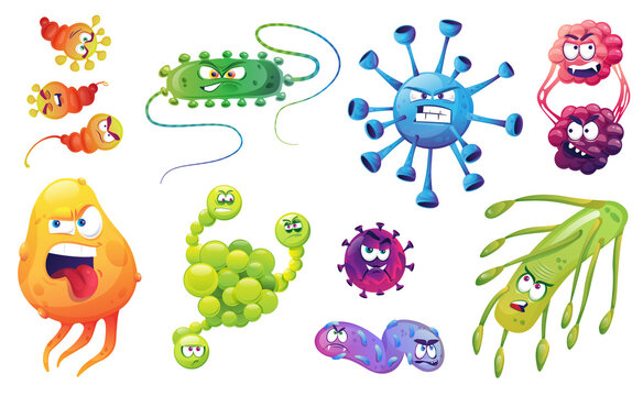 Set of angry bacteria, microbes and germs isolated color cartoon microorganisms. Vector viruses organism funny emoticons isolated on white. Oblong bacterial pathogen characters, biological monsters