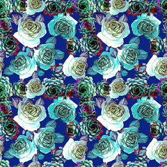 Cactuses and rose flowers seamless pattern.