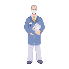 Fototapeta premium Elderly doctor wearing protective facial mask and stethoscope, holding file with documents. General practitioner or experienced surgeon isolated. Family doc cartoon character, vector in flat style
