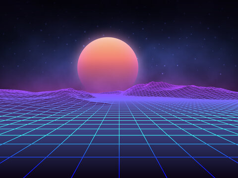 Futuristic retro landscape of the 80's. Vector futuristic illustration of planets with mountains in retro style. Digital retro-cyber-surface. Suitable for design in the 1980s.