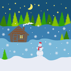 Winter color vector background with forest, house, snowman and starry sky.
