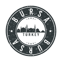 Bursa, Turkey Skyline Stamp. Round Postmark Icon City Design. Vector Landmark Travel Badge.